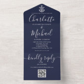 ネイビーブルーのQRコードスクリプトアンカー Nautical ウェディング オールインワン招待状 (内側)