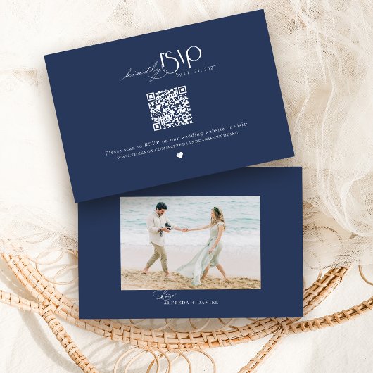 ネイビーブルーのQRコード付き結婚式ウェブサイト 出欠カード