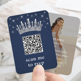 ネイビーブルーのQuinceañeraクラウン&スタースマホQRコード 返信はがき フォト エンクロージャーカード