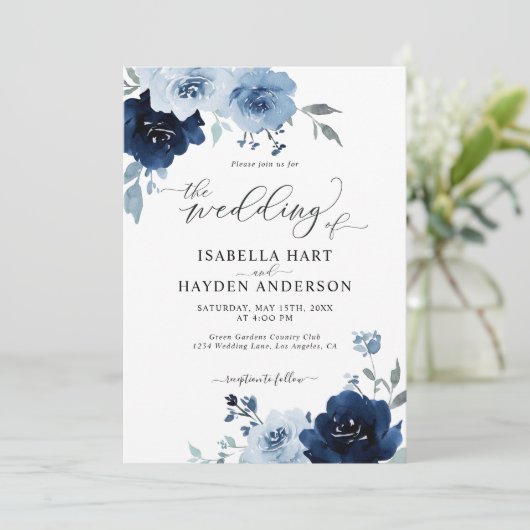 ネイビーブルーほこりっぽいフローラライトすべて結婚の1つのQR 招待状 (スタンド正面)