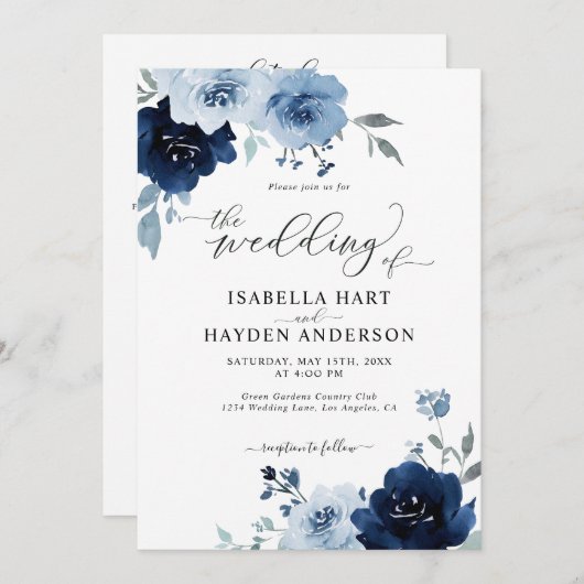 ネイビーブルーほこりっぽいフローラライトすべて結婚の1つのQR 招待状 (正面/裏面)