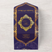 ネイビーブルーまたはバイオレットとマンダラ金ゴールド オールインワン招待状 (外側)