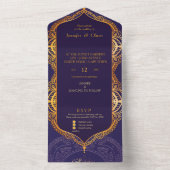 ネイビーブルーまたはバイオレットとマンダラ金ゴールド オールインワン招待状 (内側)