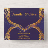 ネイビーブルーまたはバイオレットとマンダラ金ゴールド オールインワン招待状 (裏面)