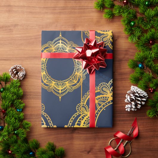 ネイビーブルーまたはバイオレットとマンダラ金ゴールド ラッピングペーパー (クリスマスギフト)