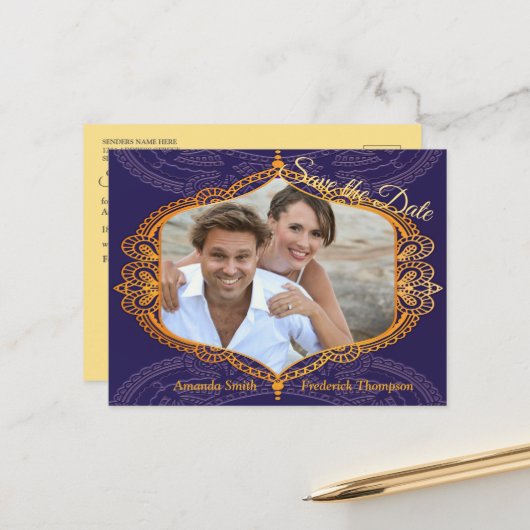 ネイビーブルーまたはバイオレットとマンダラ金ゴールド 案内ポストカード (正面/裏面インサイチュ)