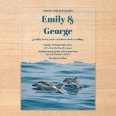 ネイビーブルーよくはしゃぐドルフィンズビーチコースト結婚ーズ アクリル招待状 (正面)