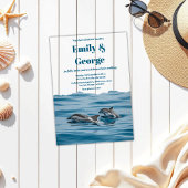 ネイビーブルーよくはしゃぐドルフィンズビーチコースト結婚ーズ アクリル招待状