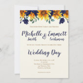 ネイビーブルーアイボリーカ素朴ントリーヒ結婚ンフラワーズ 招待状 (正面)