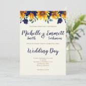 ネイビーブルーアイボリーカ素朴ントリーヒ結婚ンフラワーズ 招待状 (スタンド正面)