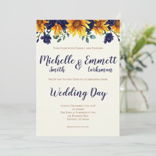 ネイビーブルーアイボリーカ素朴ントリーヒ結婚ンフラワーズ 招待状 (スタンド正面)