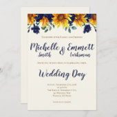 ネイビーブルーアイボリーカ素朴ントリーヒ結婚ンフラワーズ 招待状 (正面/裏面)