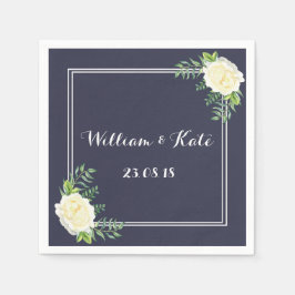 ネイビーブルーアイボリーシックバラ結婚ズナプキン スタンダードカクテルナプキン
