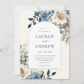 ネイビーブルーアイボリーフローラシルバーアー結婚チ 招待状 (正面)