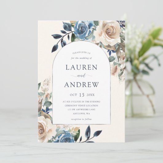 ネイビーブルーアイボリーフローラシルバーアー結婚チ 招待状 (スタンド正面)