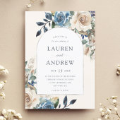 ネイビーブルーアイボリーフローラシルバーアー結婚チ 招待状