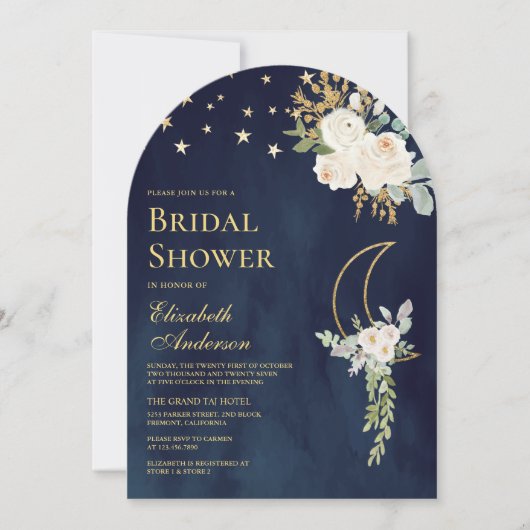 ネイビーブルーアイボリーフローラムーンアーチブライダルシャワー 招待状 (正面)