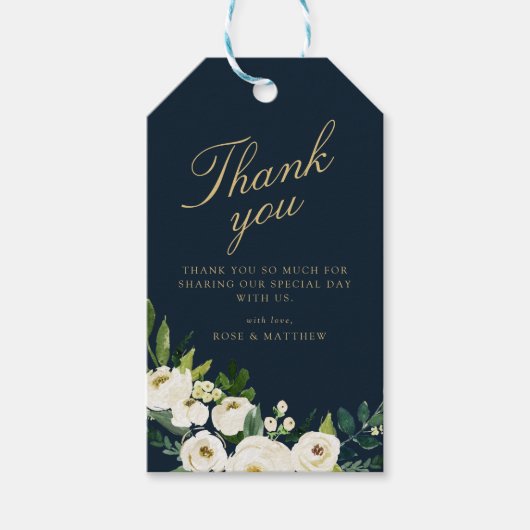 ネイビーブルーアイボリーホワイトフローラギフトラベル ギフトタグ (正面)