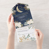 ネイビーブルーアイボリー金ゴールドフローラボーホムーンベイビーシャワー オールインワン招待状 (貼ってはがせる)