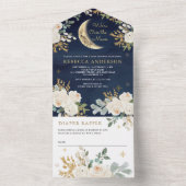 ネイビーブルーアイボリー金ゴールドフローラボーホムーンベイビーシャワー オールインワン招待状 (内側)