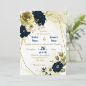 ネイビーブルーアイボリー金ゴールドフローラ幾何結婚図形 招待状 (スタンド正面)