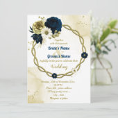 ネイビーブルーアイボリー金ゴールドフローラ結婚リース 招待状 (スタンド正面)