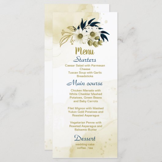 ネイビーブルーアイボリー金ゴールド結婚フローラ メニュー (正面/裏面)