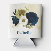 ネイビーブルーアイボリー金ゴールド花モノグラム 缶クーラー (正面)