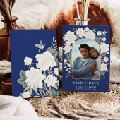 ネイビーブルーアイボリーChinoiserieフローラ保存日 招待状