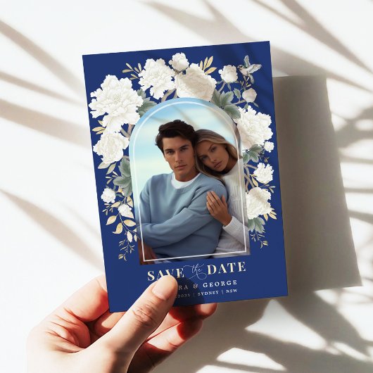 ネイビーブルーアイボリーChinoiserieフローラ保存日 招待状