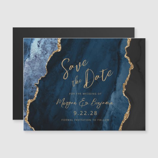 ネイビーブルーアガテの結婚式の日付を保存 マグネット招待状 (正面/裏面)