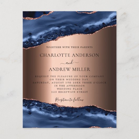 ネイビーブルーアガテバラ金ゴールド結婚式招待状 (正面)