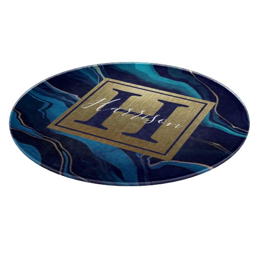 ネイビーブルーアガテマーブル金ゴールド名とモノグラム カッティングボード (角)