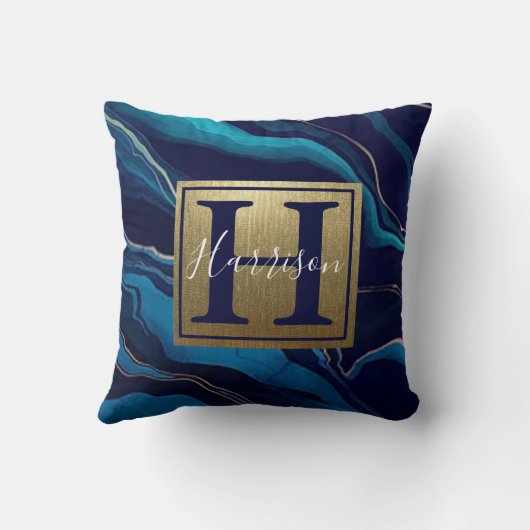 ネイビーブルーアガテマーブル金ゴールド名とモノグラム クッション (裏面)