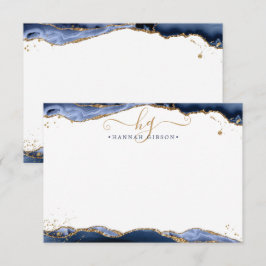 ネイビーブルーアガテモノグラムファンシースクリプト金ゴールドグリッター ノートカード