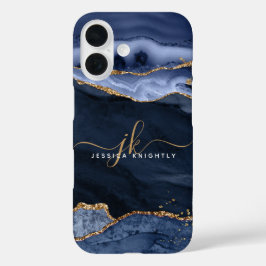 ネイビーブルーアゲイトGeode金ゴールドスクリプトモノグラム iPhone 16ケース