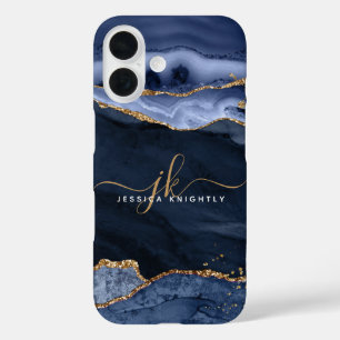 ネイビーブルーアゲイトGeode金ゴールドスクリプトモノグラム iPhone 16ケース