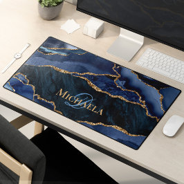 ネイビーブルーアゲテゲード金ゴールドグリッターモノグラム デスクマット