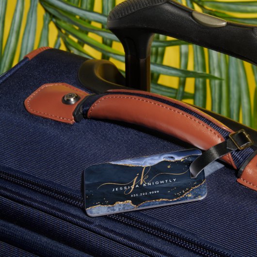 ネイビーブルーアゲートゲード金ゴールドグリッターモノグラムスクリプト ラゲッジタグ (裏面インサイチュ1)