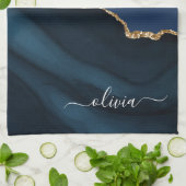 ネイビーブルーアゲートゲード金ゴールドモノグラム キッチンタオル (折り畳み)