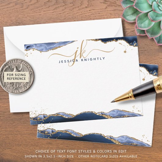 ネイビーブルーアゲートジオードスクリプトモノグラム金ゴールドグリッター ノートカード
