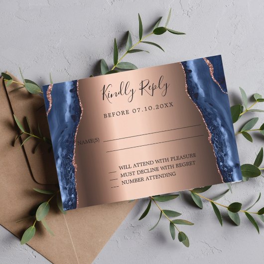 ネイビーブルーアゲート大理石バラ金ゴールド結婚式RSVPカード 招待状