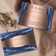 ネイビーブルーアゲート大理石バラ金ゴールド結婚式RSVP