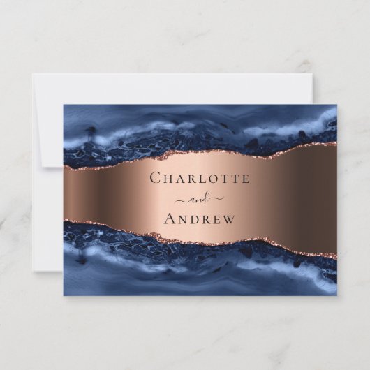 ネイビーブルーアゲート大理石バラ金ゴールド結婚式RSVP 出欠カード (裏面)