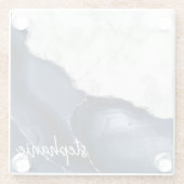 ネイビーブルーアゲート署名ホワイトマーブルシルバー ガラスコースター (裏面)