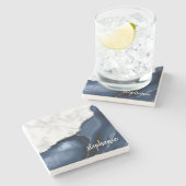 ネイビーブルーアゲート署名ホワイトマーブルシルバー ストーンコースター (横)