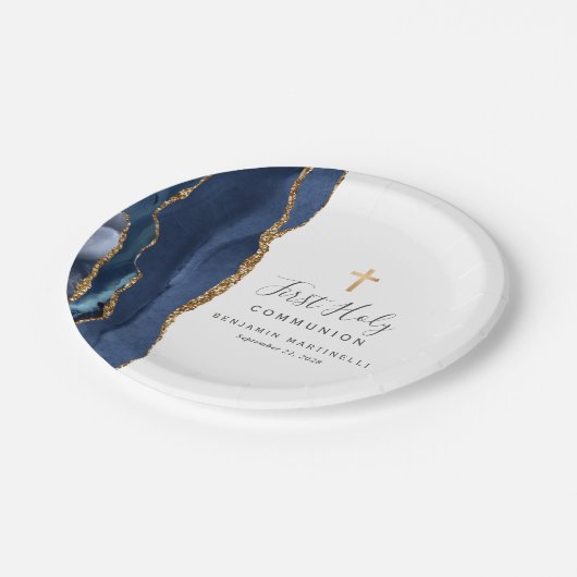 ネイビーブルーアゲート金ゴールドグリッターファーストホーリーコミューン ペーパープレート (アングル)