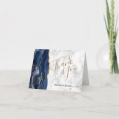 ネイビーブルーアゲート金ゴールドグレイ大理石結婚ズサンキュー カード (正面)