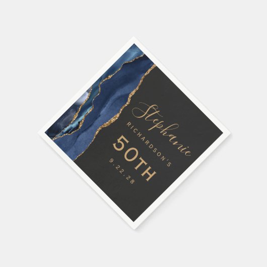 ネイビーブルーアゲート金ゴールドスクリプトダーク50誕生日 スタンダードカクテルナプキン (角)