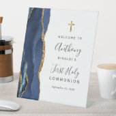 ネイビーブルーアゲート金ゴールドファーストホーリーコミューン歓迎 台座サイン (インサイチュ)